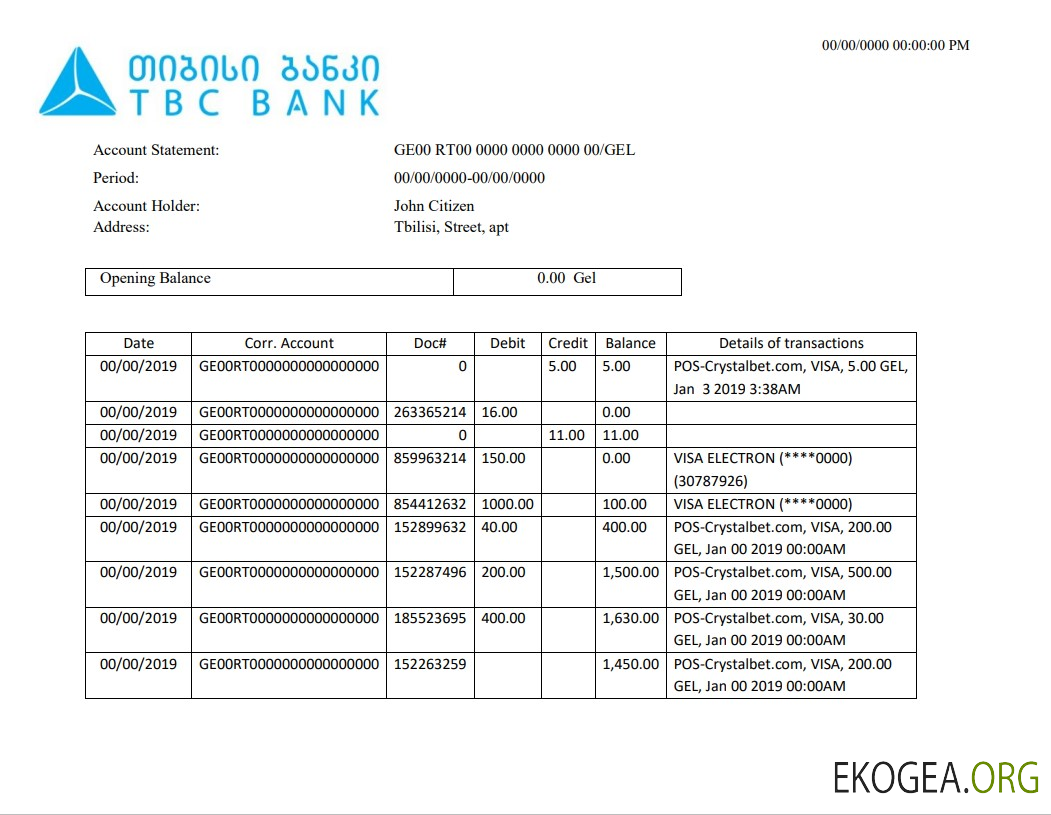 Modèle de relevé de preuve d'adresse bancaire de Géorgie à confirmer au format Word et PDF